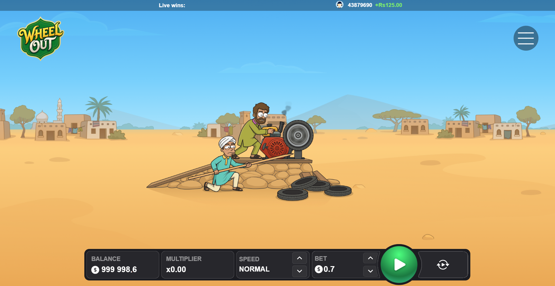 Pantalla de salida de Wheel Out con el neumático y el motor en el desierto