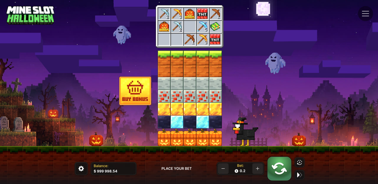 Mine Slot Halloween con sus columnas de bloques pixelados, las herramientas y el botón Buy Bonus