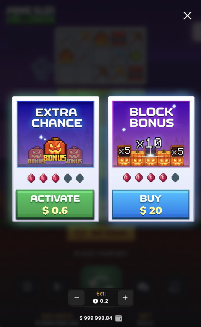 Opciones Extra Chance y Block Bonus de Mine Slot Halloween en un móvil en vertical
