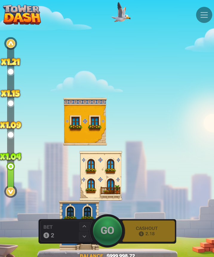 Pantalla vertical de Tower Dash en un smartphone con Go y Cashout