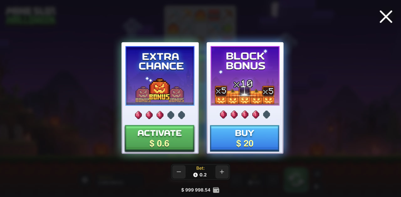 Ventana con Extra Chance y Block Bonus de Mine Slot Halloween vista en ordenador