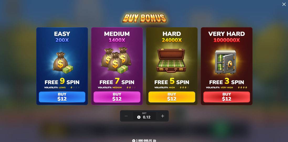 Pantalla de compra de bono de MegaBlock Empire con cuatro opciones de tiradas gratis