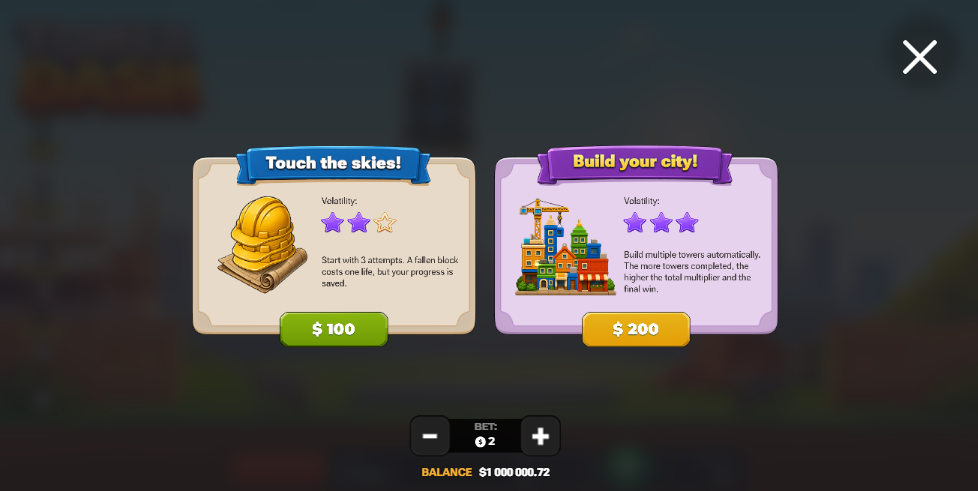 Pantalla Bonus Buy de Tower Dash con Touch the skies y Build your city