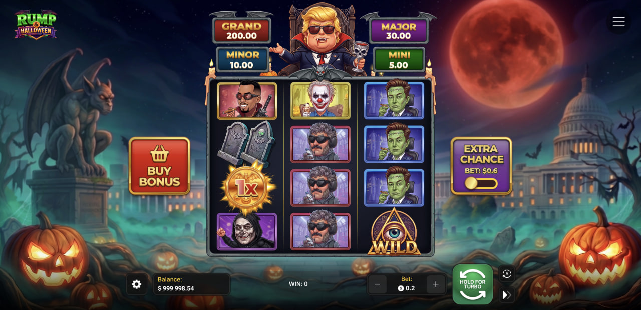Rejilla de Rump & Halloween con los cuatro jackpots, el botón Buy Bonus y Extra Chance