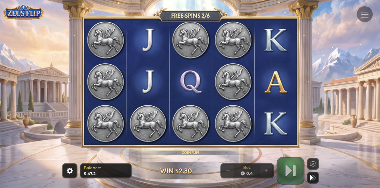 Rodillos de Zeus Flip en Free Spins con monedas de Pegaso y la función Coin Flip