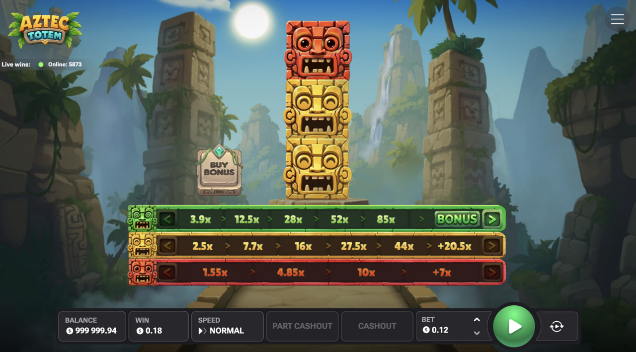 Aztec Totem en ordenador con el tótem central y tres líneas de multiplicadores de colores